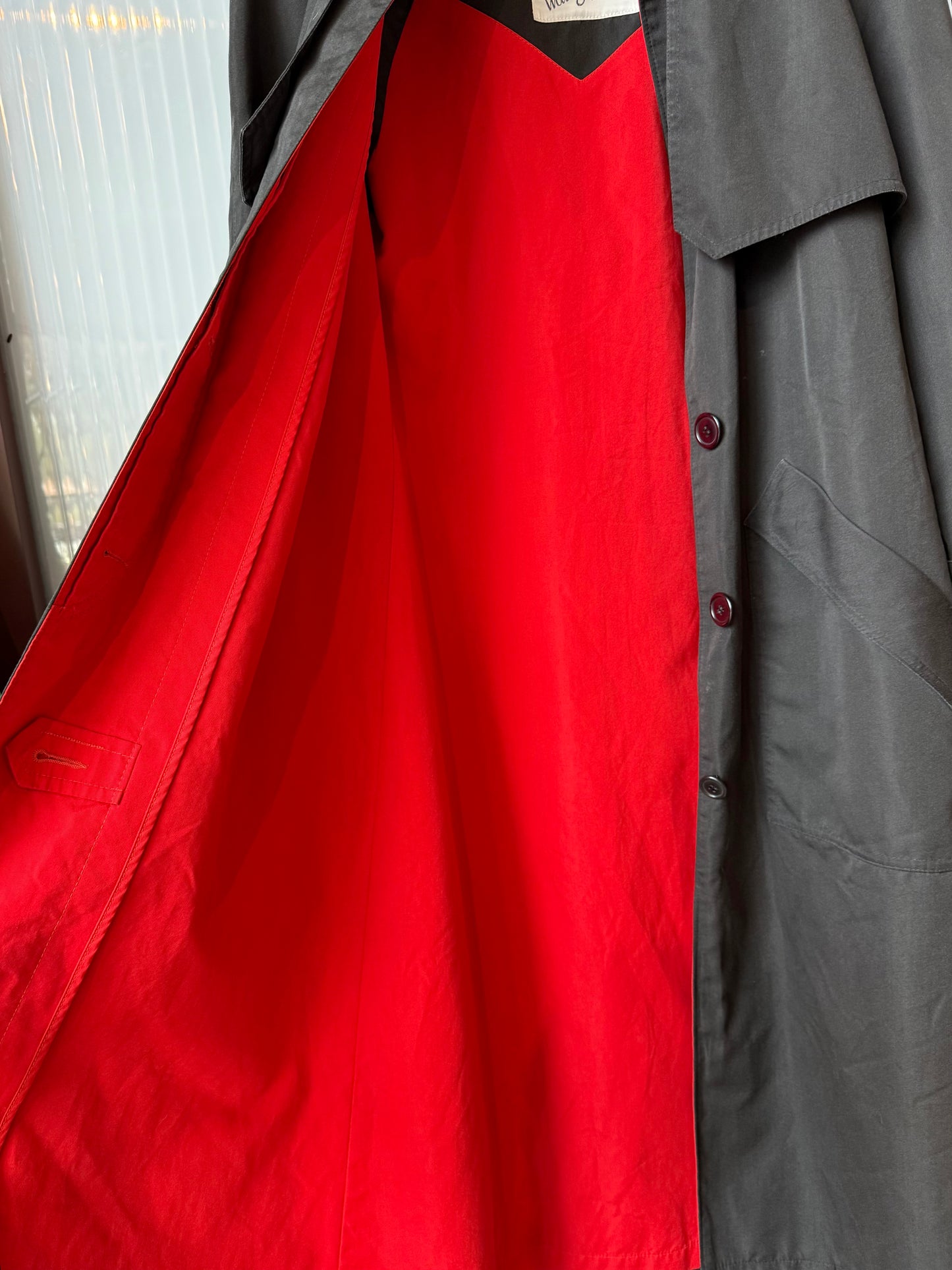 1980s Black Trench Coat w/ Red Lining