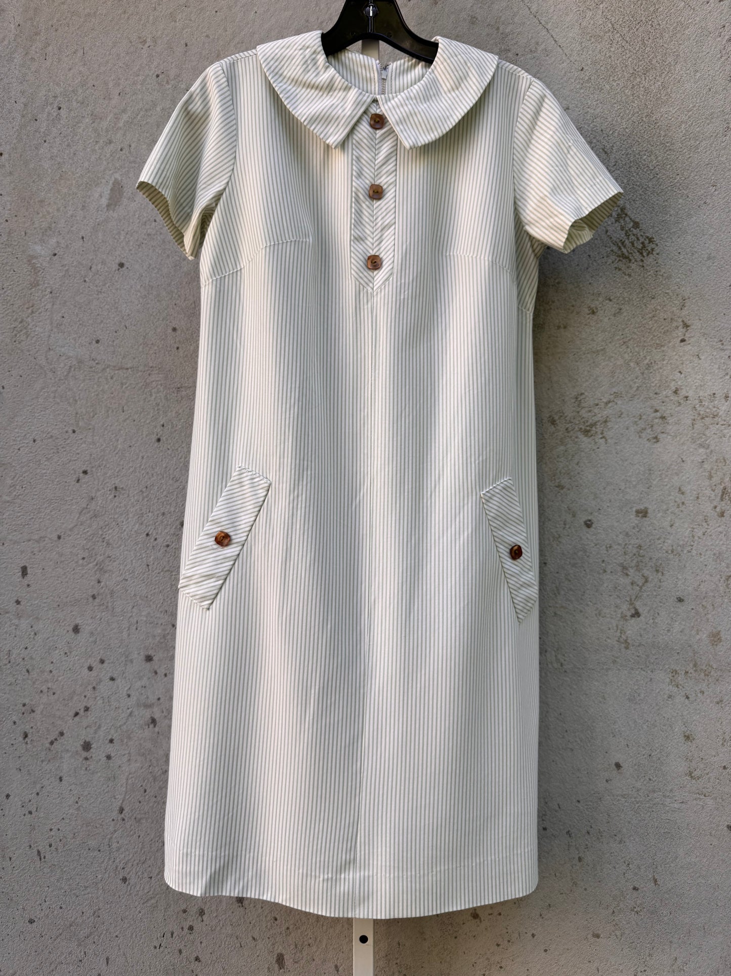 1960s White & Green Pinstripe Peter Pan Collar Dress