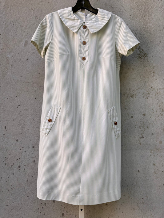 1960s White & Green Pinstripe Peter Pan Collar Dress