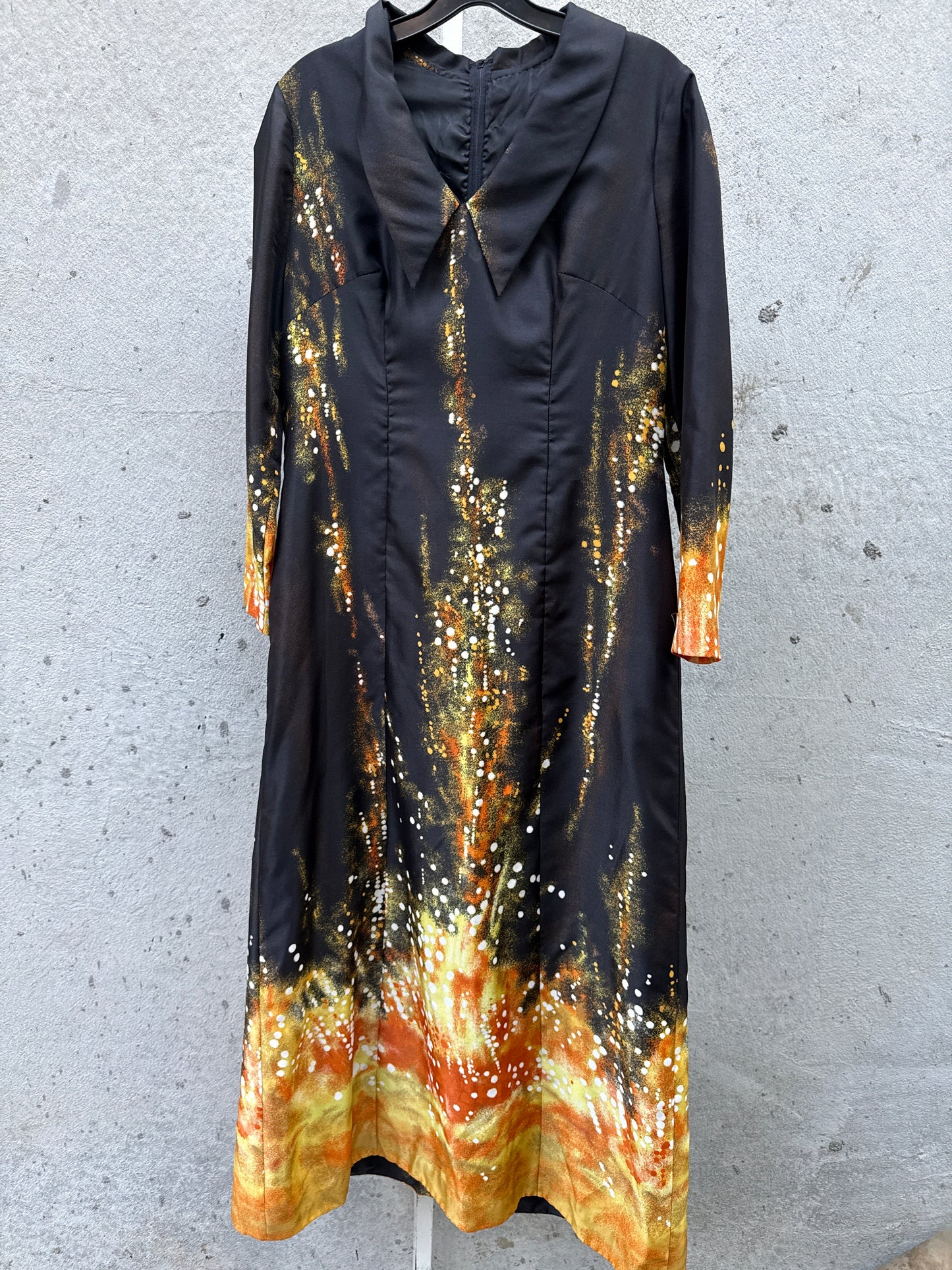 1970s? Black Maxi Dress w/ Painterly Pattern