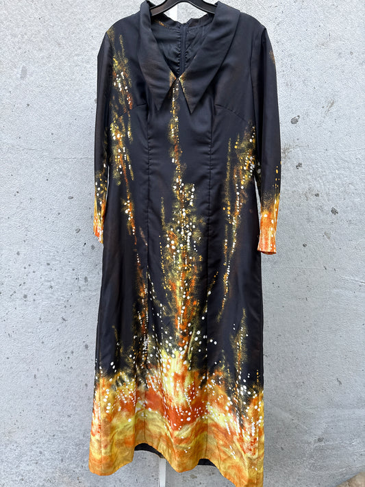1970s? Black Maxi Dress w/ Painterly Pattern