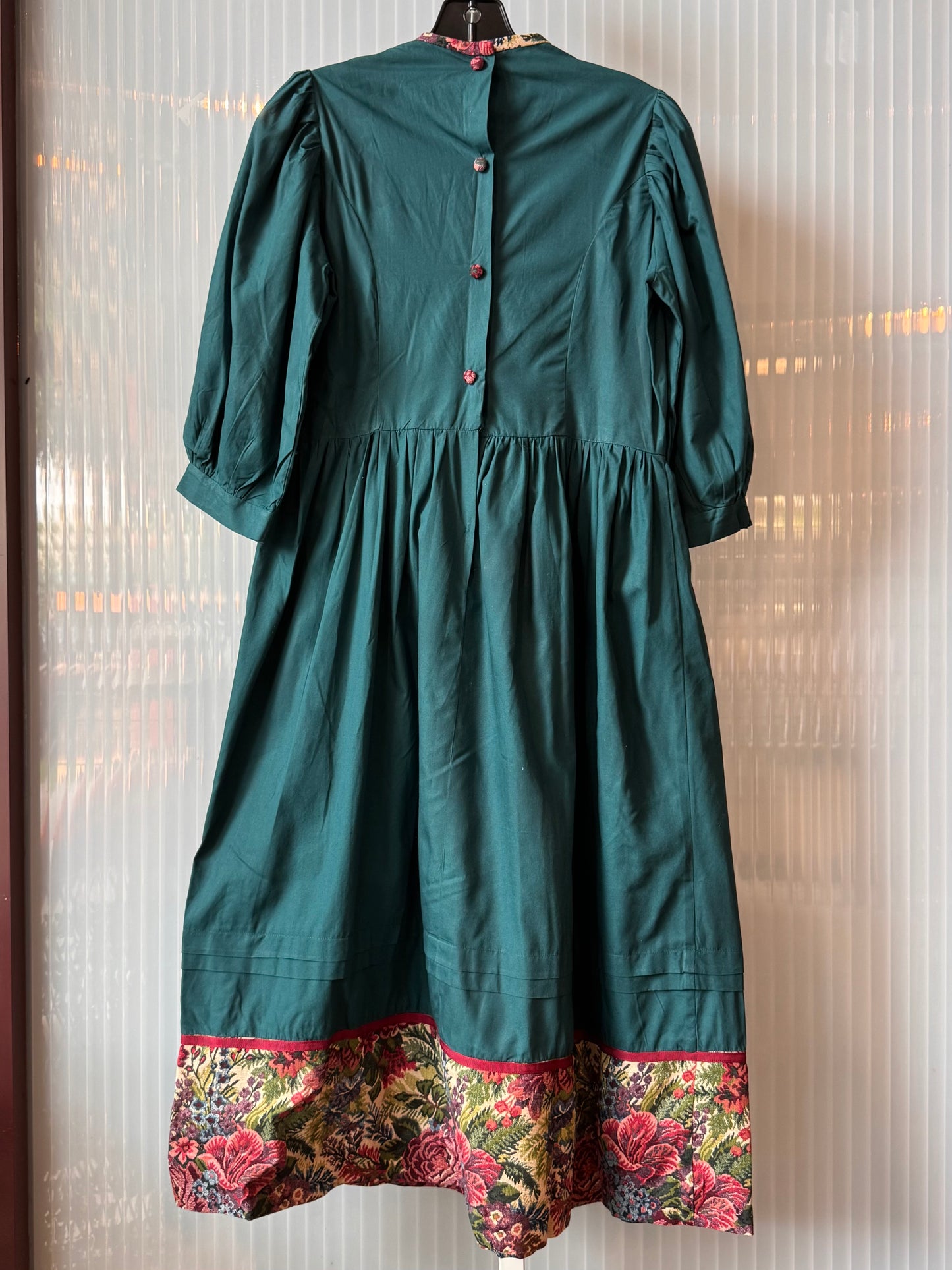 1980s Teal Dress with Floral Tapestry Yoke