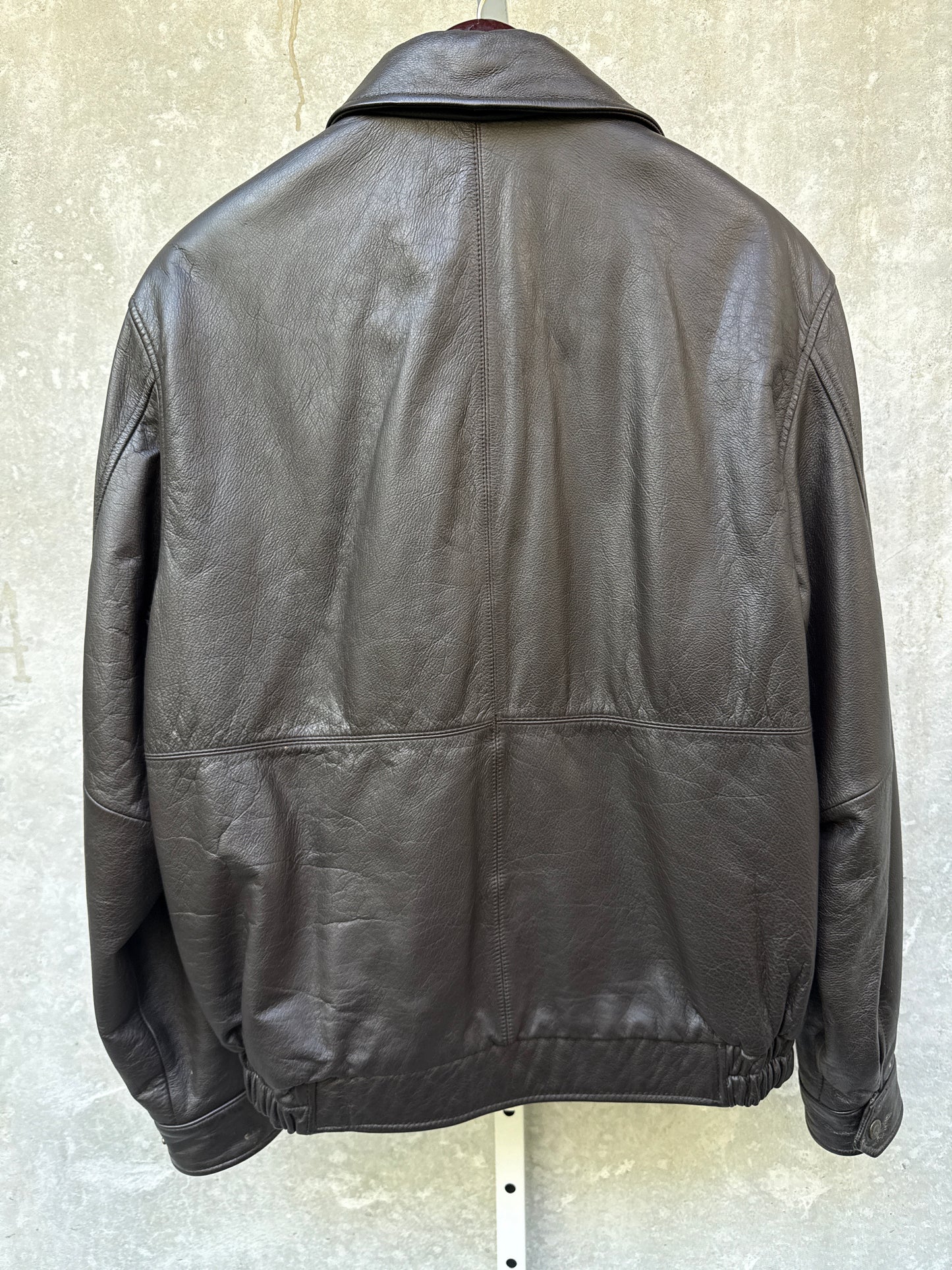 1990s Roundtree & York Dark Brown Leather Bomber Jacket