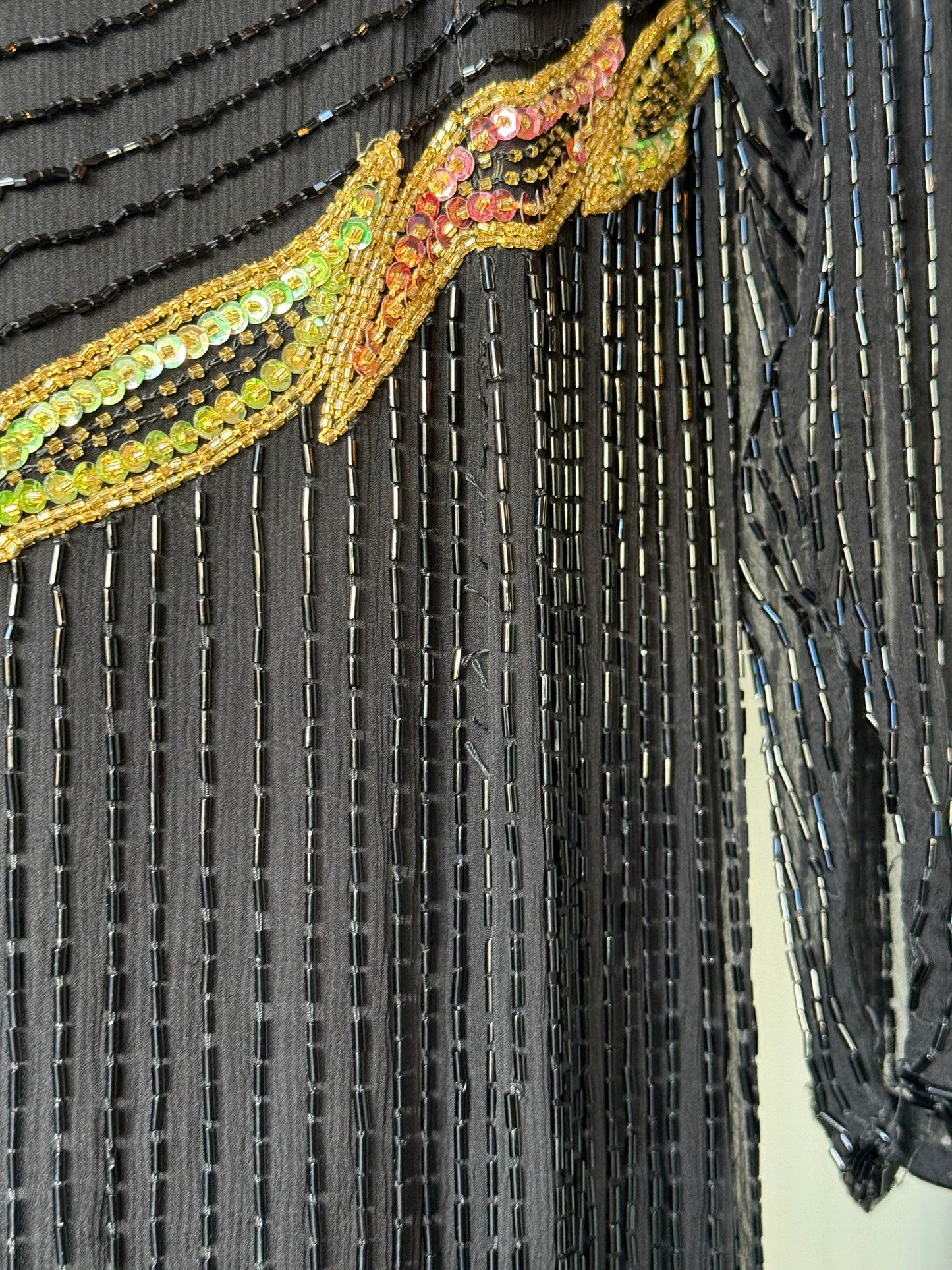 1980s Black Sequin Beaded Gown w/ Gold & Pink Nouveau Applique