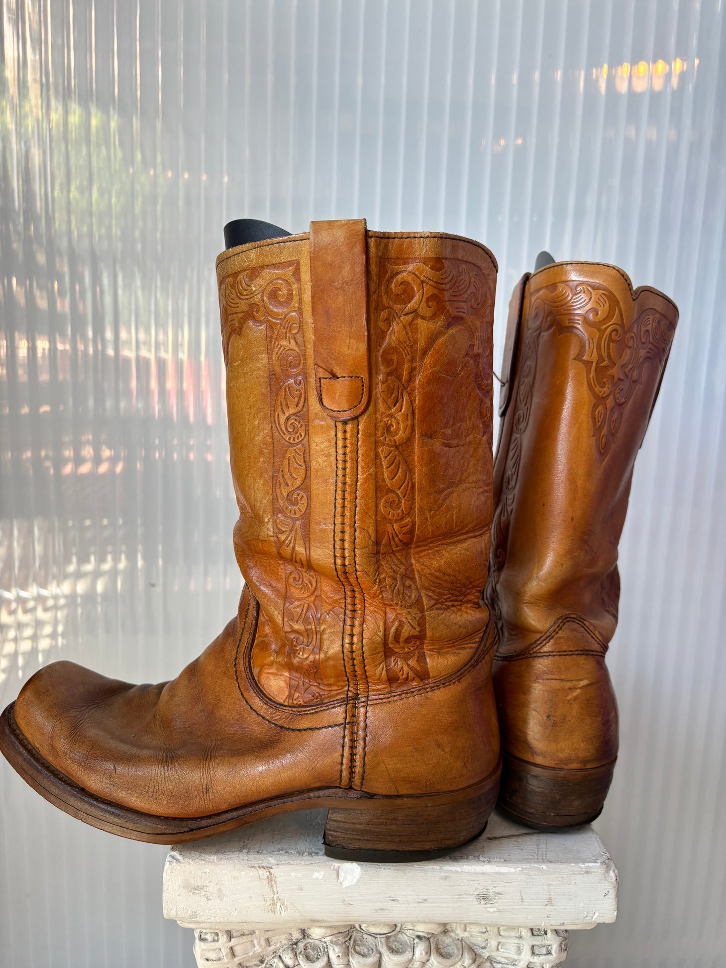 Browned Tooled Leather Square Toe Boots 10