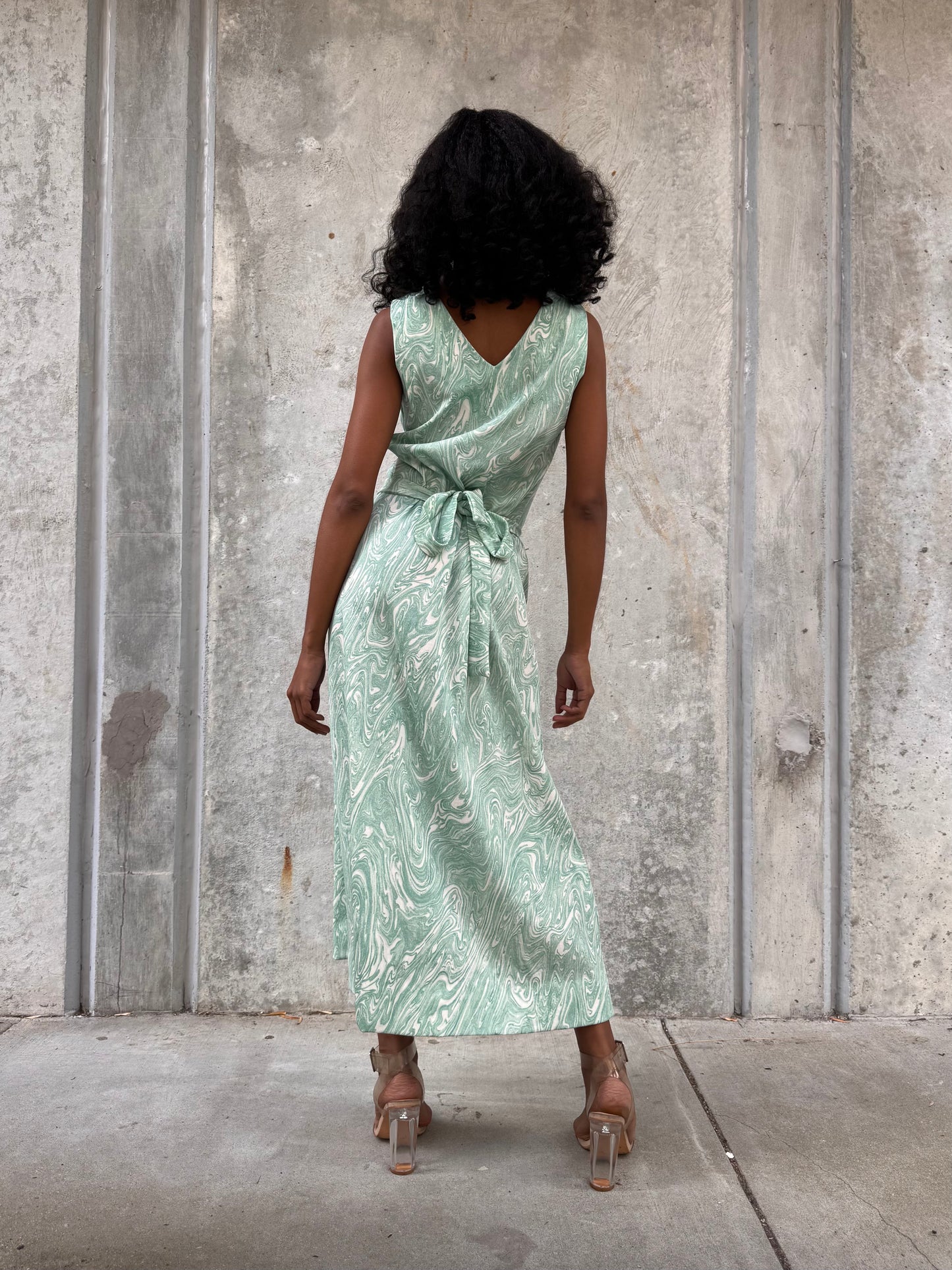 1970s Marbled Teal Dress & Wrap Jacket Set