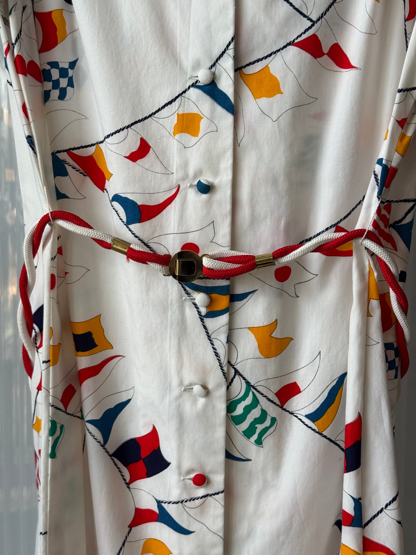 1970 White Nautical Flag Print Button-Down Dress