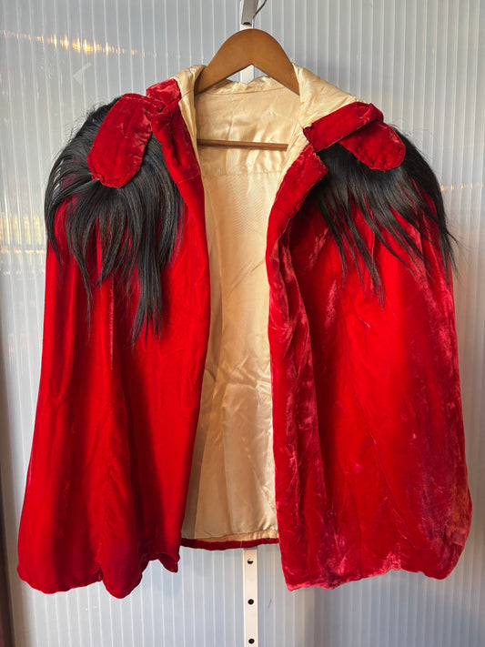 Red Velvet Cape w/ Black Hair Epaulets and Hood