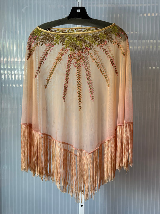 1960s Peachy Pink Sheer Fringe Poncho w/ Floral Embroidery