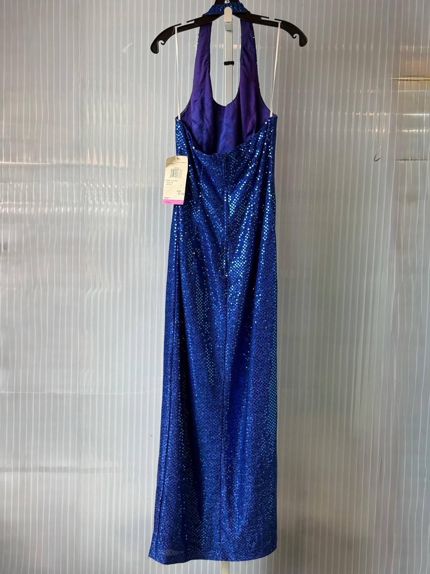 1990s Blue Sequin Disco Halter Top Gown