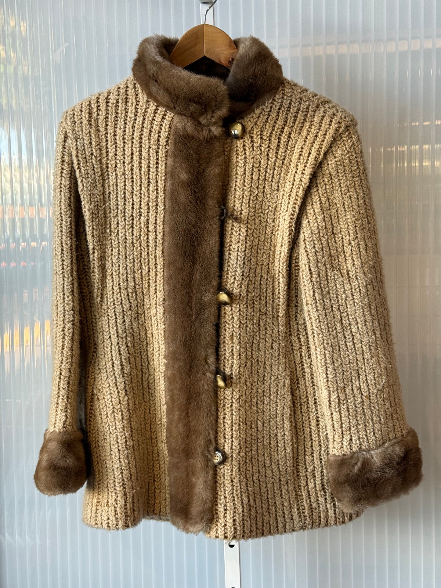 1970s Cream Chunky Knit Faux Fur Jacket