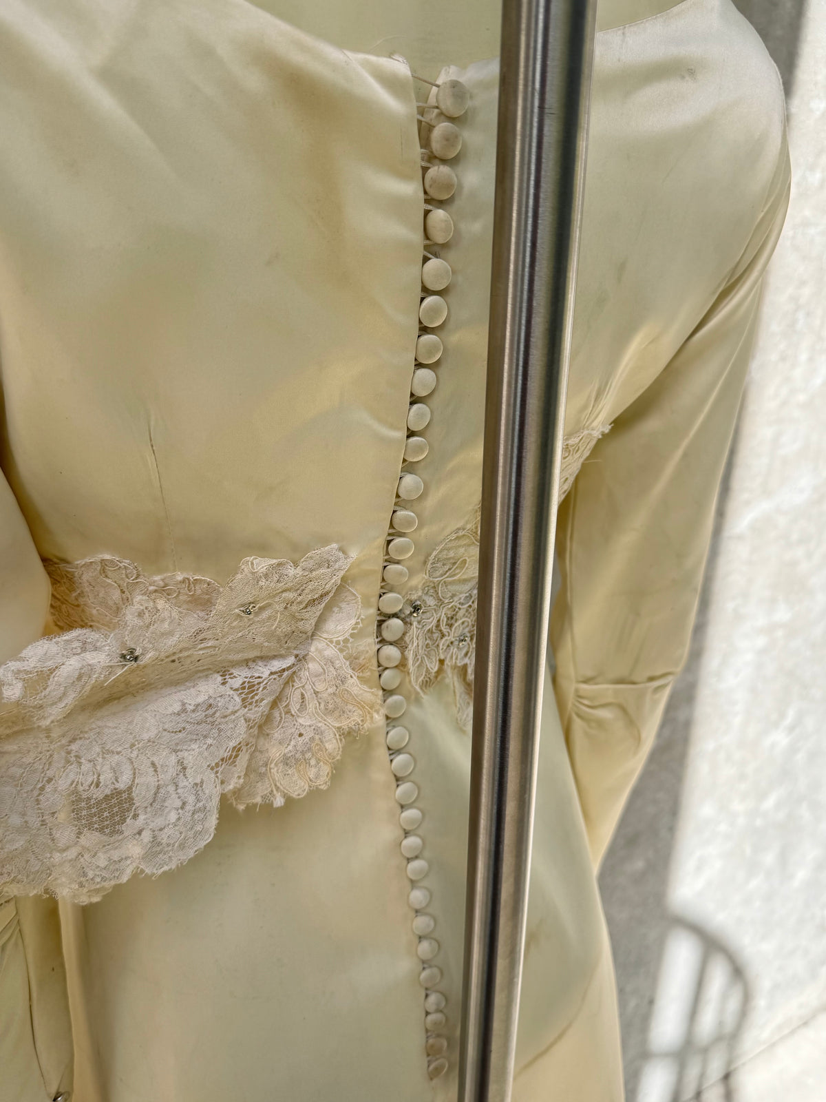 Late 1960s / Early 1970s Cream Satin & Lace Wedding Dress