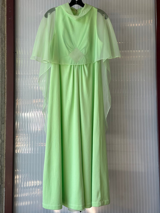 1970s Pistachio Green Gown w/ Sheer Shawl Overlay