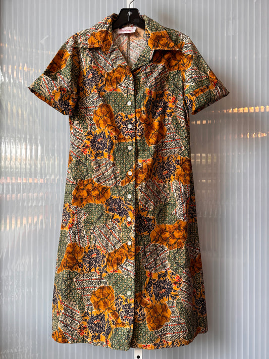 1970s Orange & Green Point-Collar Button-Up Dress