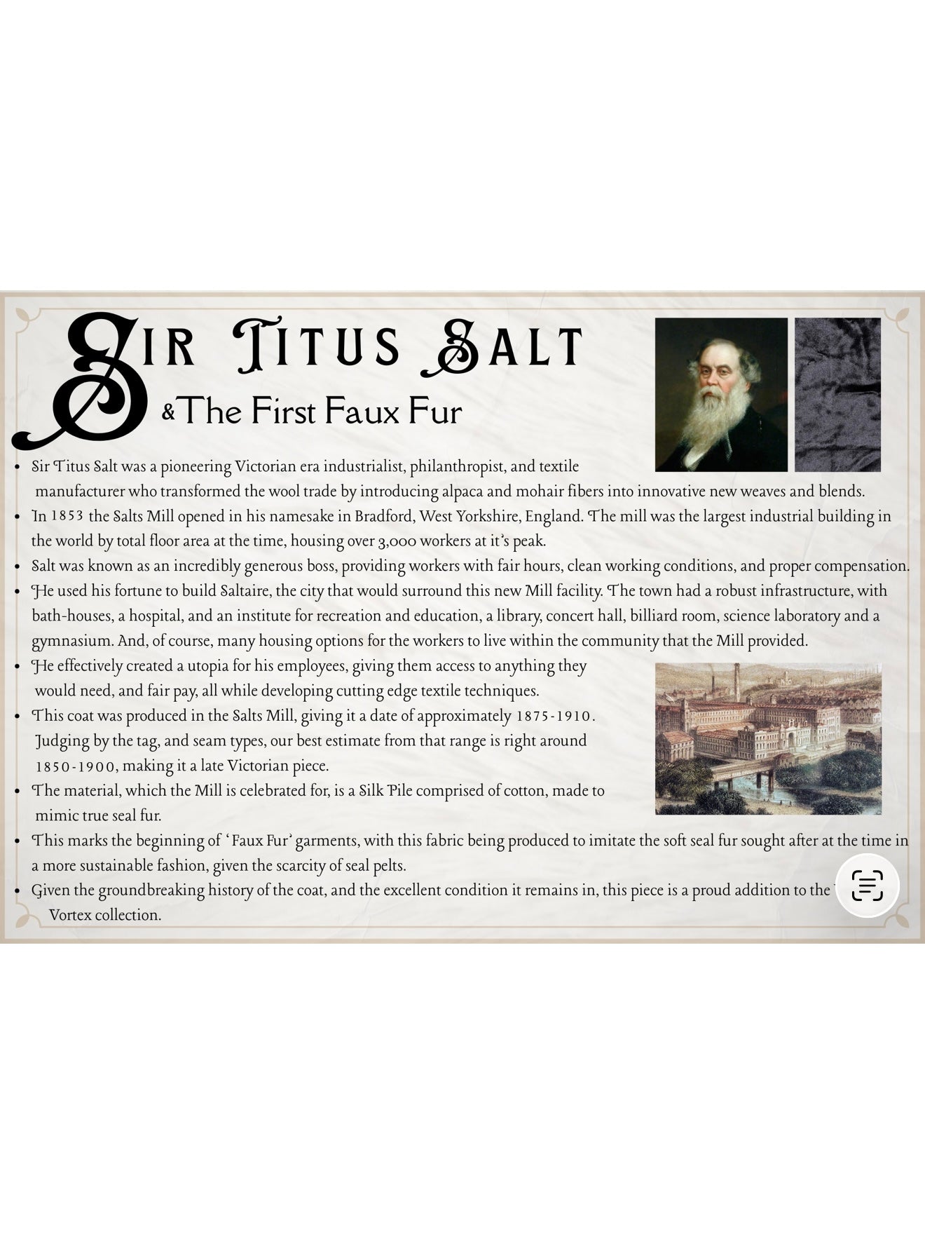 Victorian Sir Titus Salt Seal Fur Coat