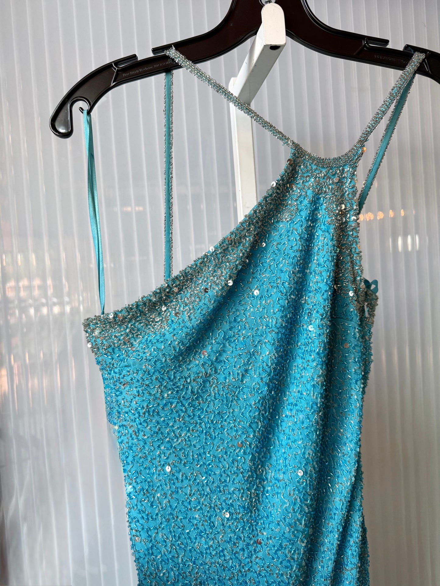 Y2K Shimmering Blue Beaded Mermaid Flowey Dress
