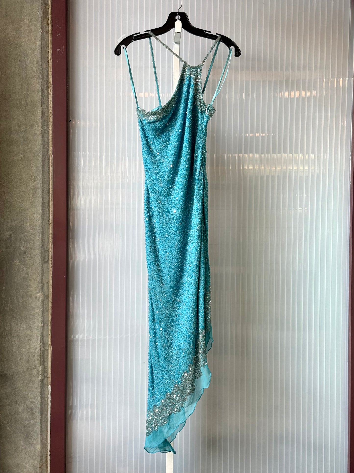 Y2K Shimmering Blue Beaded Mermaid Flowey Dress