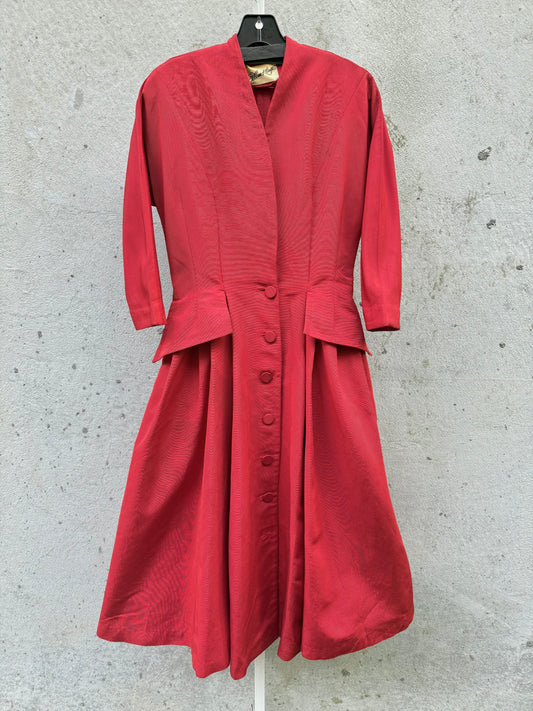 1940s Red Button-Front Full Length Dress