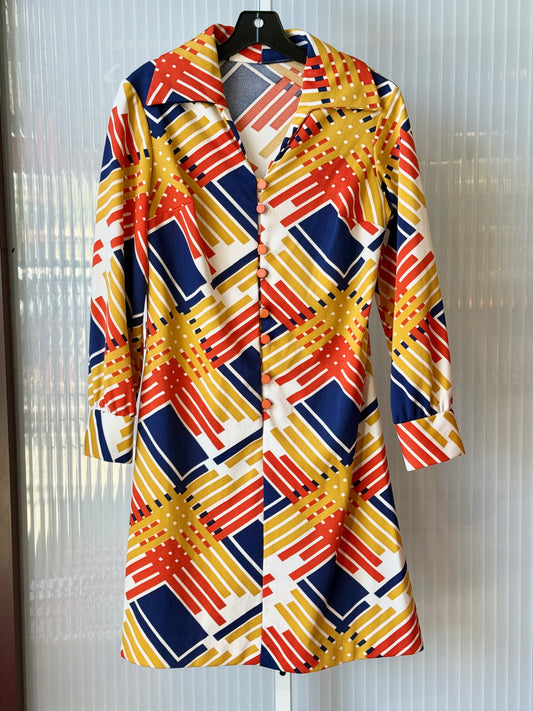 1970s Primary Color Geometric Patterned Dress