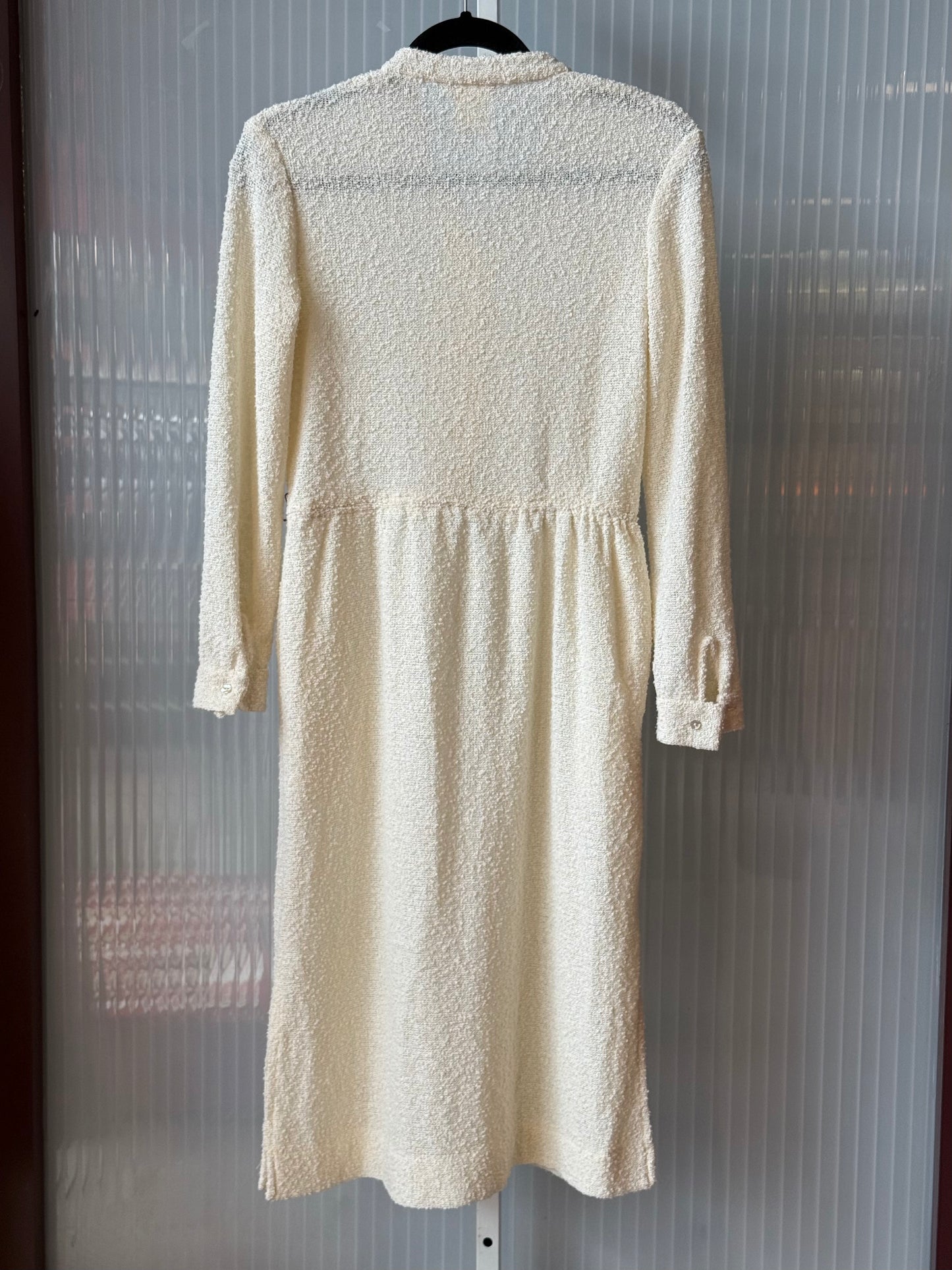 1970s White Boucle Knit Shirtwaist Dress