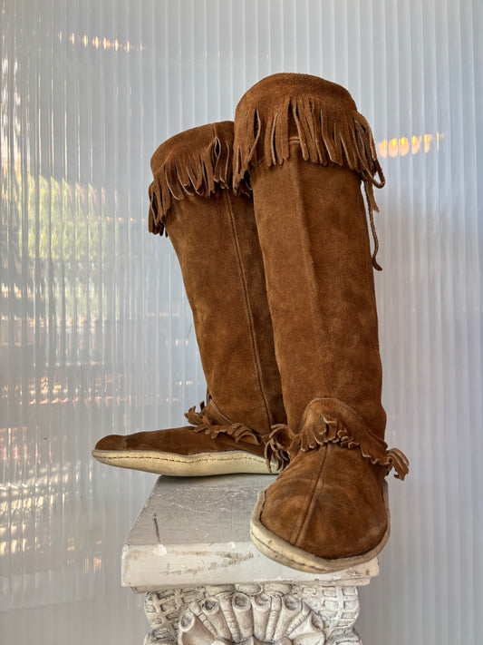 Brown Suede Fringe Knee High Moccasin w/ Knife Pocket 13