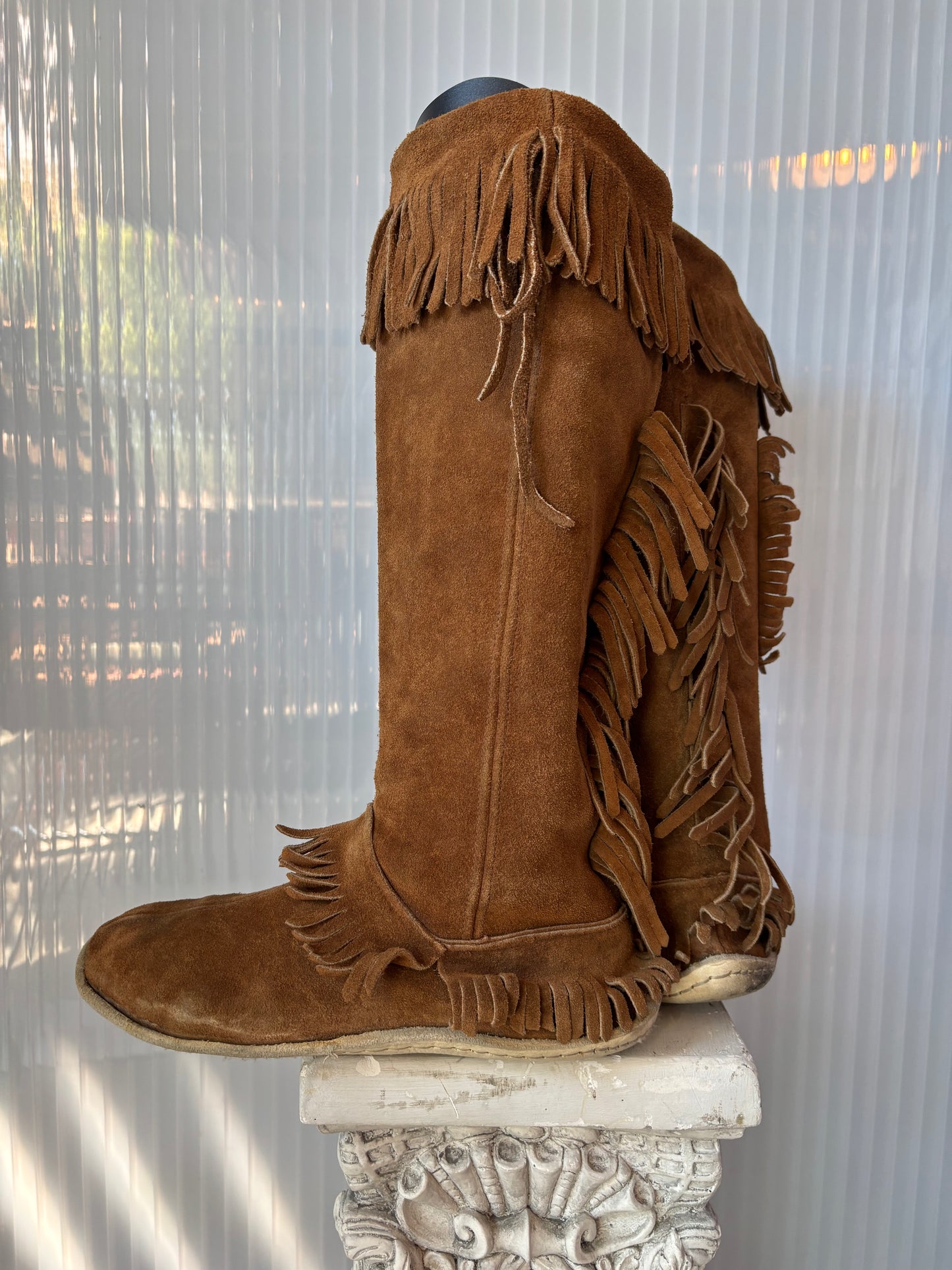 Brown Suede Fringe Knee High Moccasin w/ Knife Pocket 13