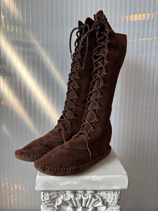 Dark Brown Suede Lace Up Moccasins Size 9