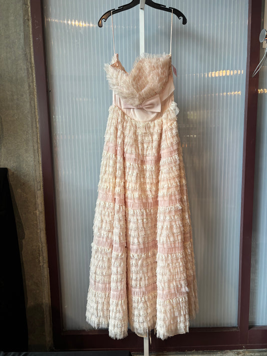 1950s Pink Ruffle Lace Floor Length Gown