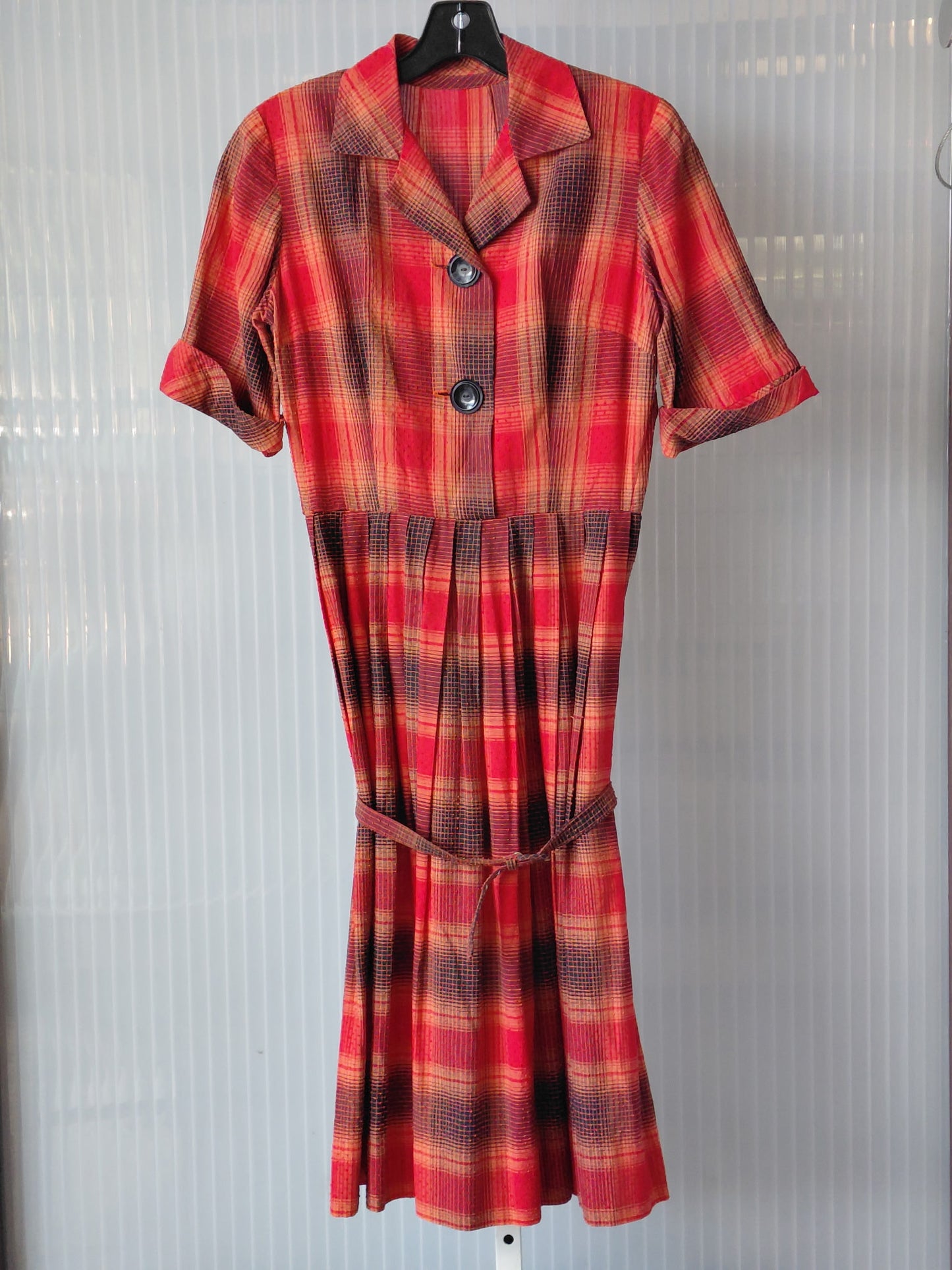 1970s Red & Black Textured Plaid Pleated Shirtwaist Dress
