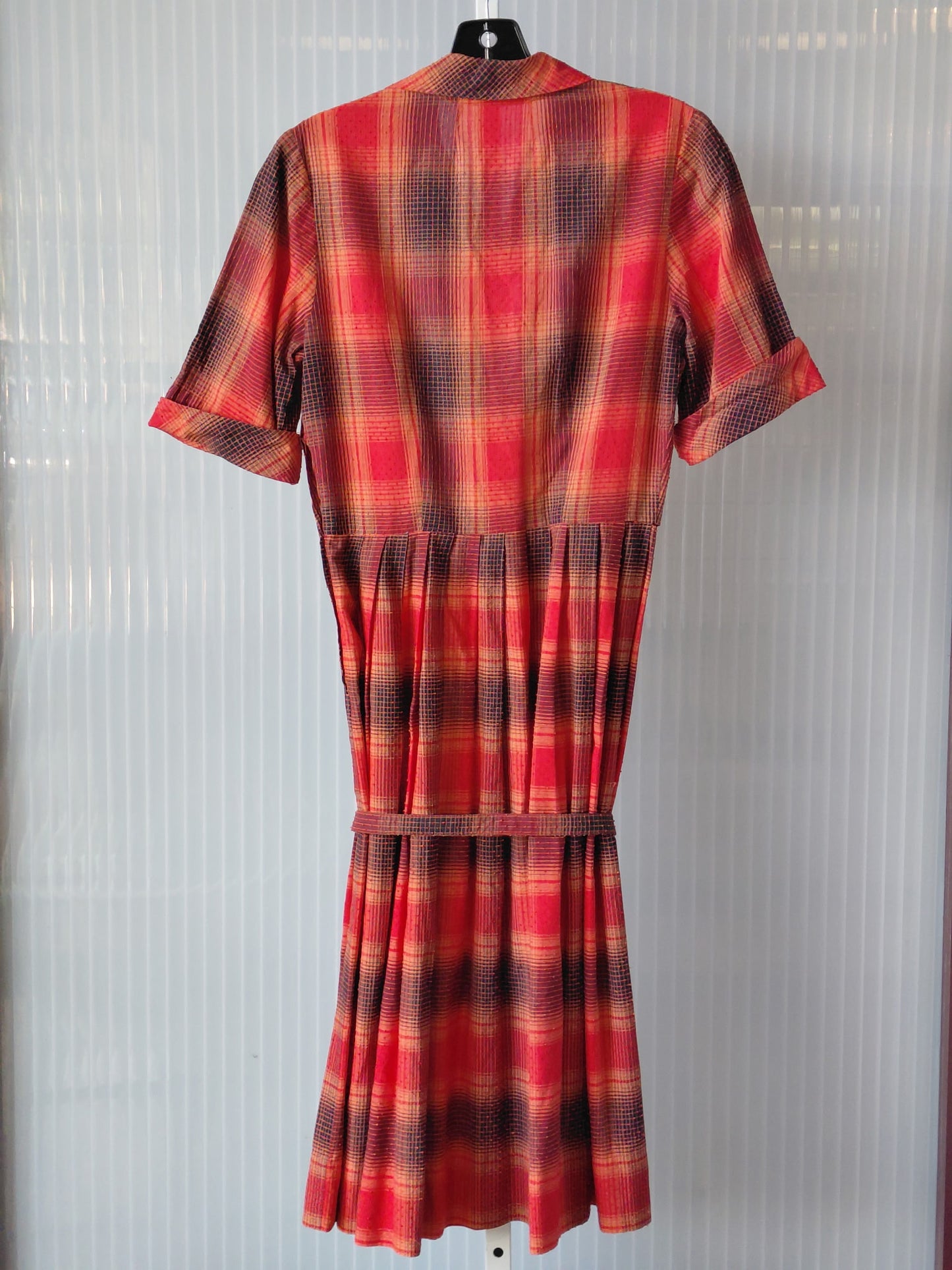 1970s Red & Black Textured Plaid Pleated Shirtwaist Dress
