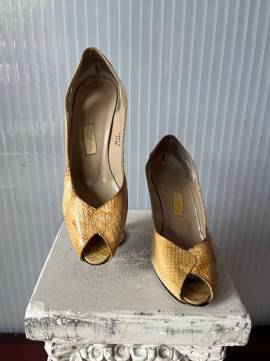 1980s Tan Snakeskin Open-toe Heels