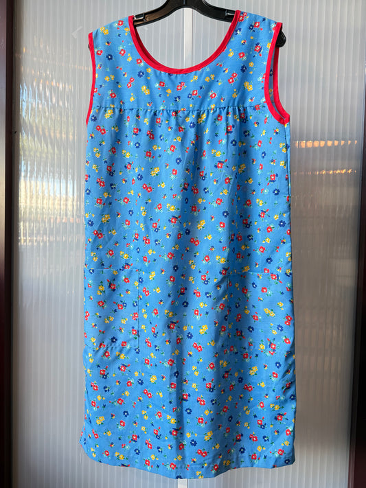1960s Blue Floral Apron Dress