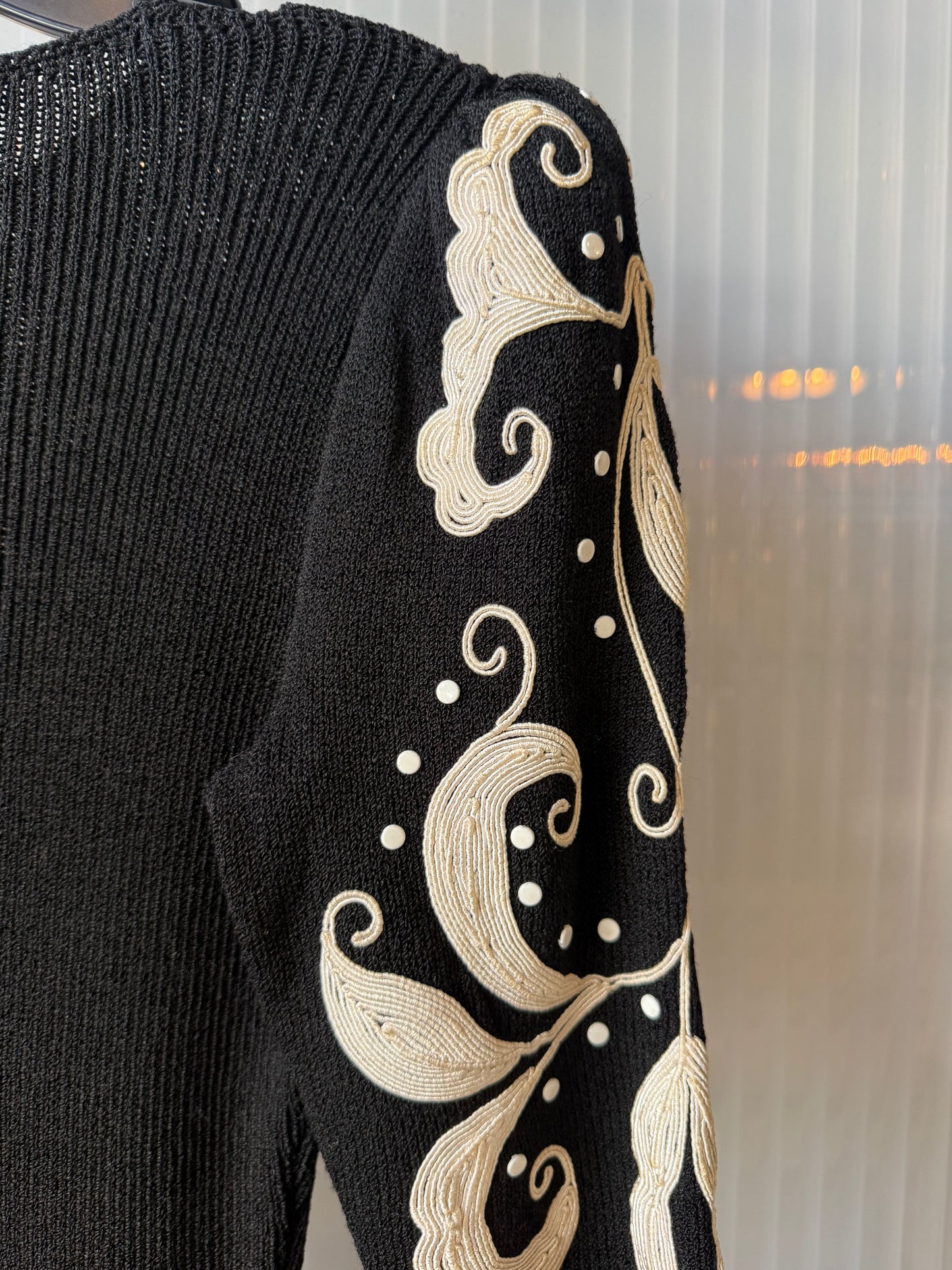 1980s Black Knit Dress with White Embellishments