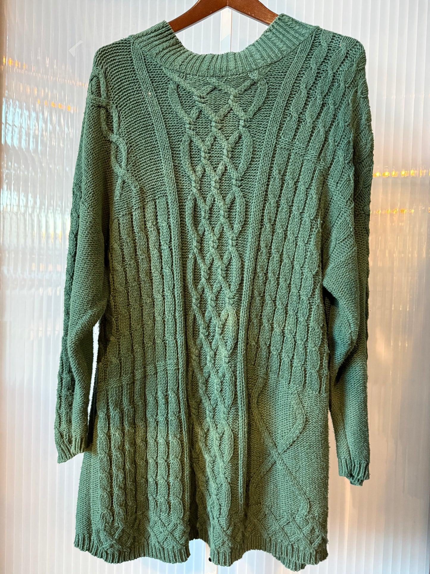Green Cable Knit Mock Neck Sweater Dress
