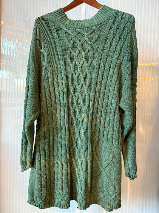 Green Cable Knit Mock Neck Sweater Dress