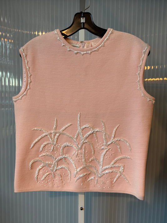 1960s Pink 100% Wool Sleeveless Top w/ White Beading