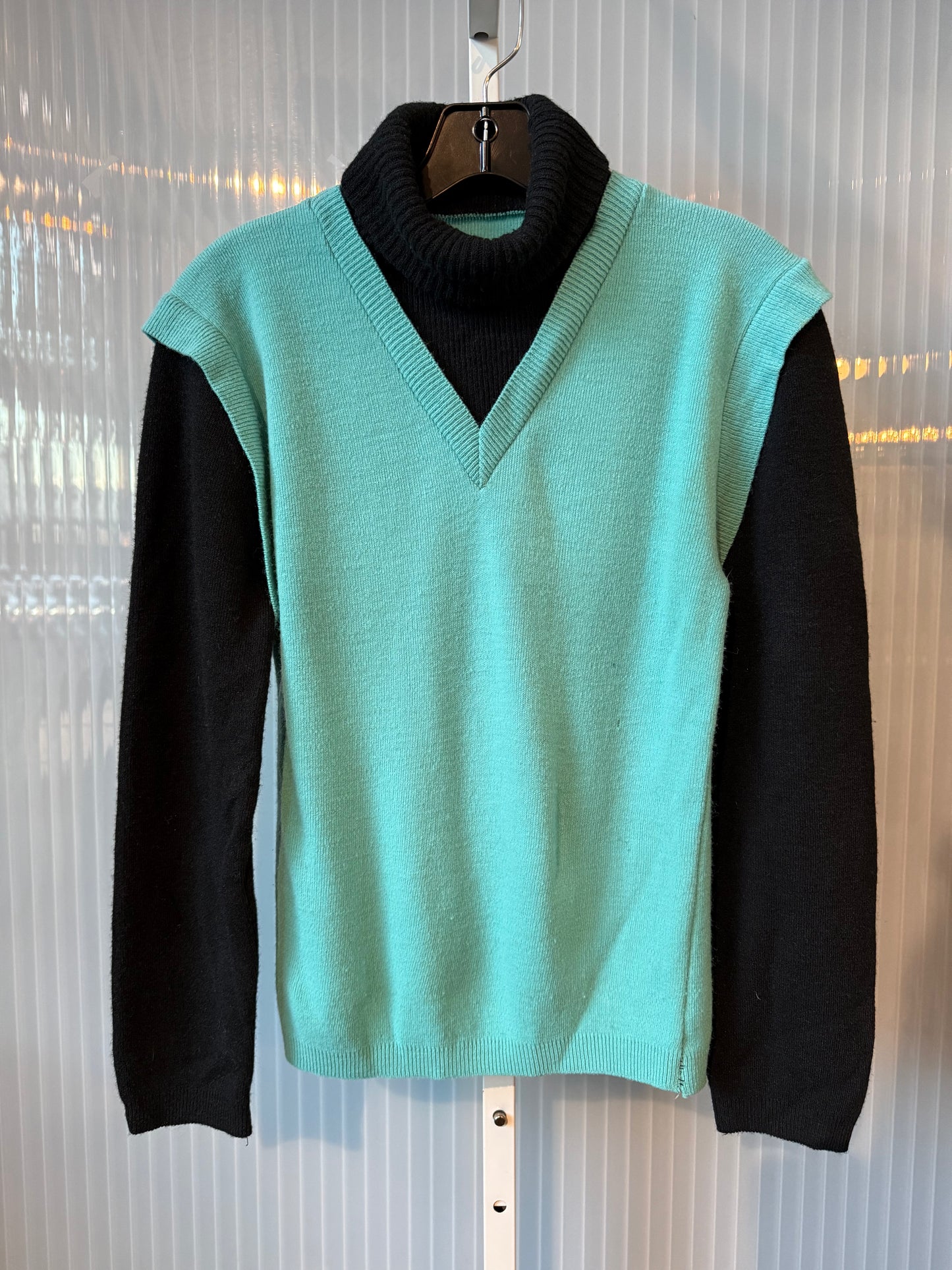 1970s Wool Teal Vest & Black Turtleneck Combo