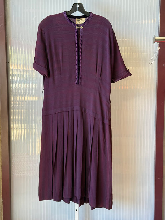 1940s Purple Striped Pleated Dress w/ Velvet Collar Trim