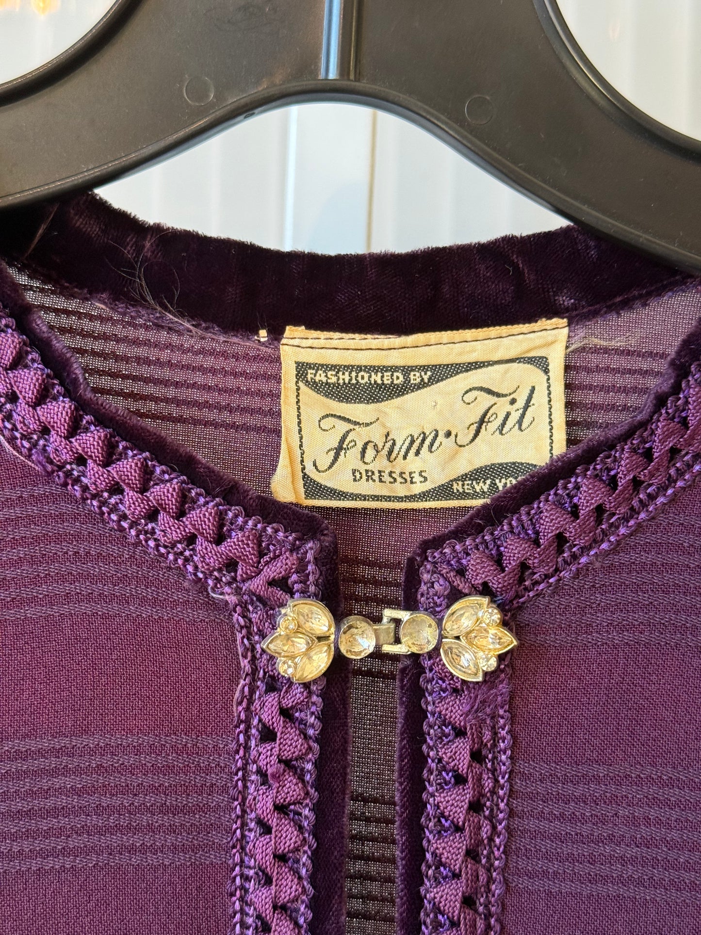 1940s Purple Striped Pleated Dress w/ Velvet Collar Trim