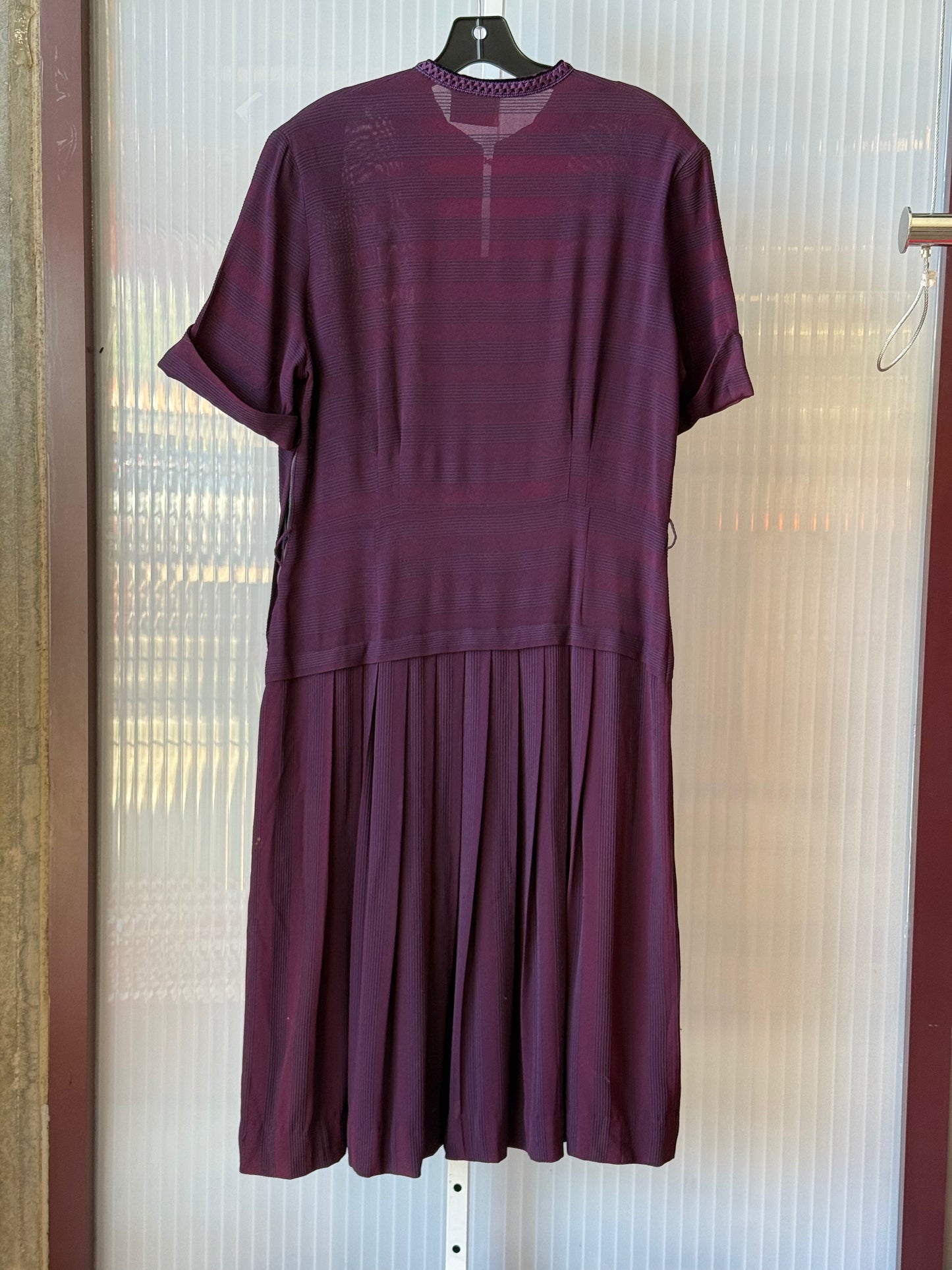1940s Purple Striped Pleated Dress w/ Velvet Collar Trim