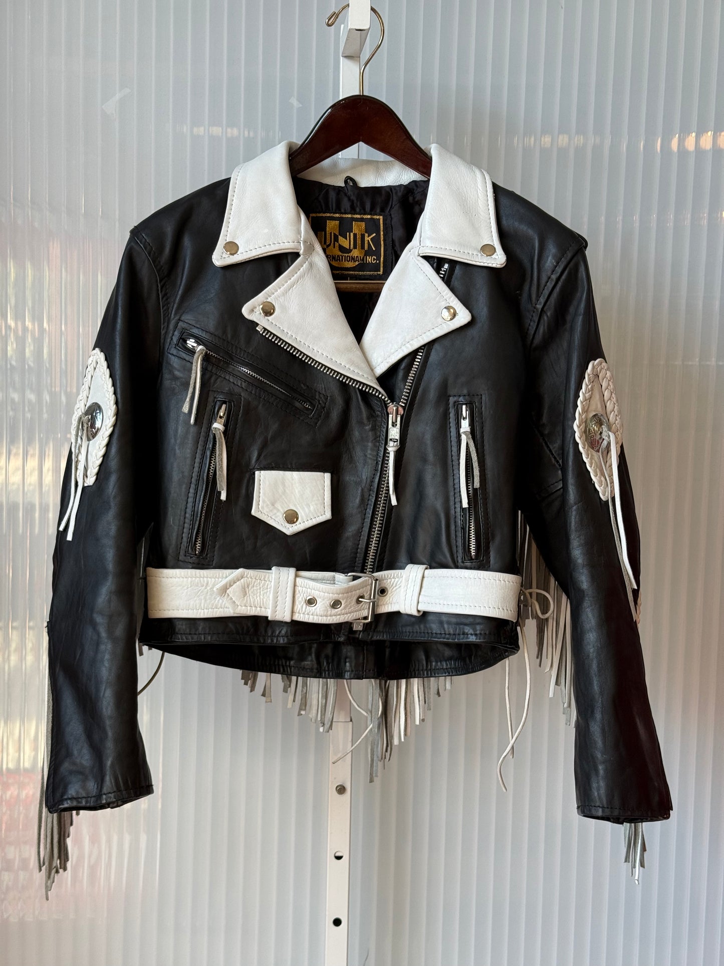 1980s Black & White Leather Biker Jacket w/ Fringe