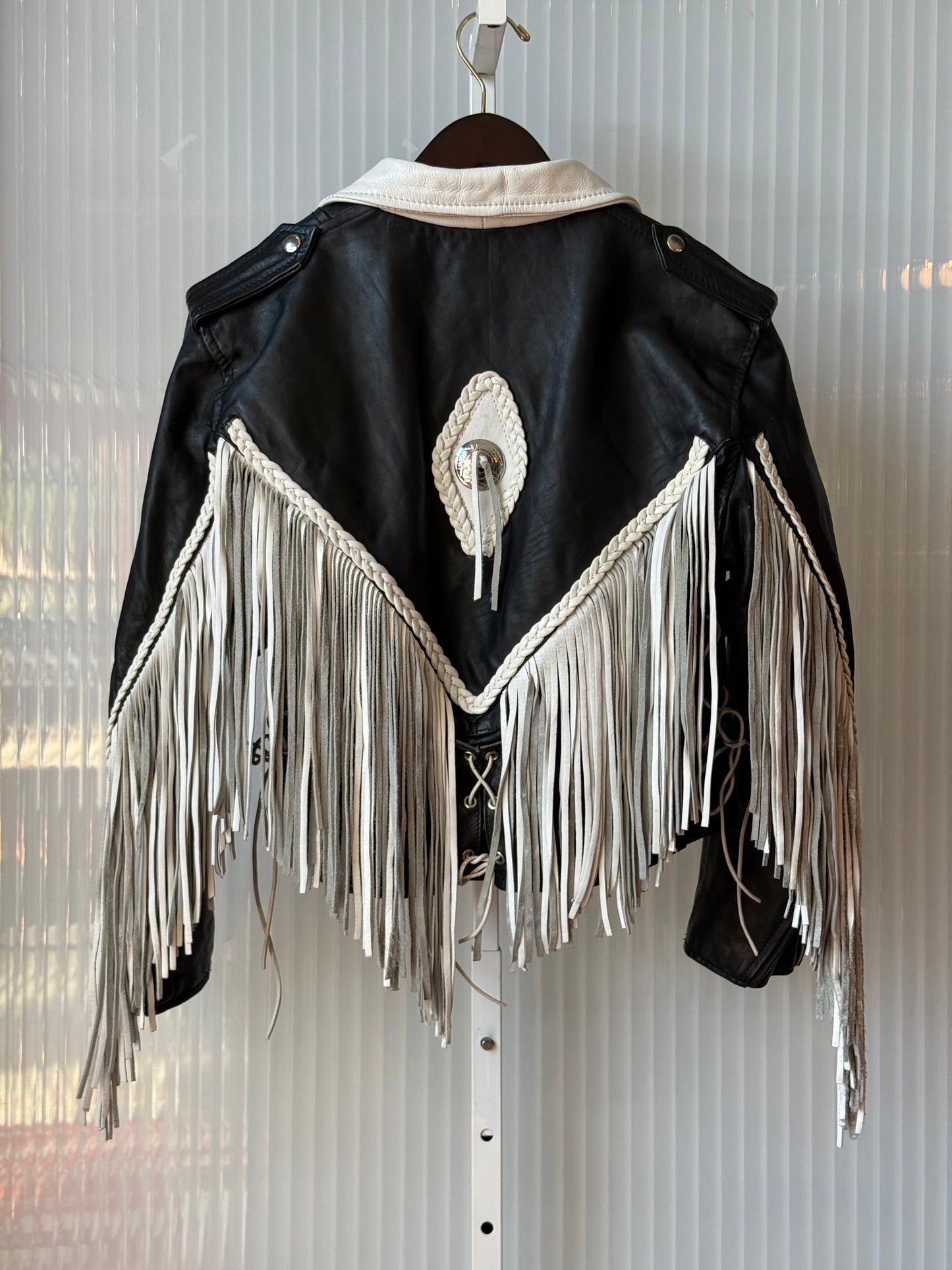 1980s Black & White Leather Biker Jacket w/ Fringe