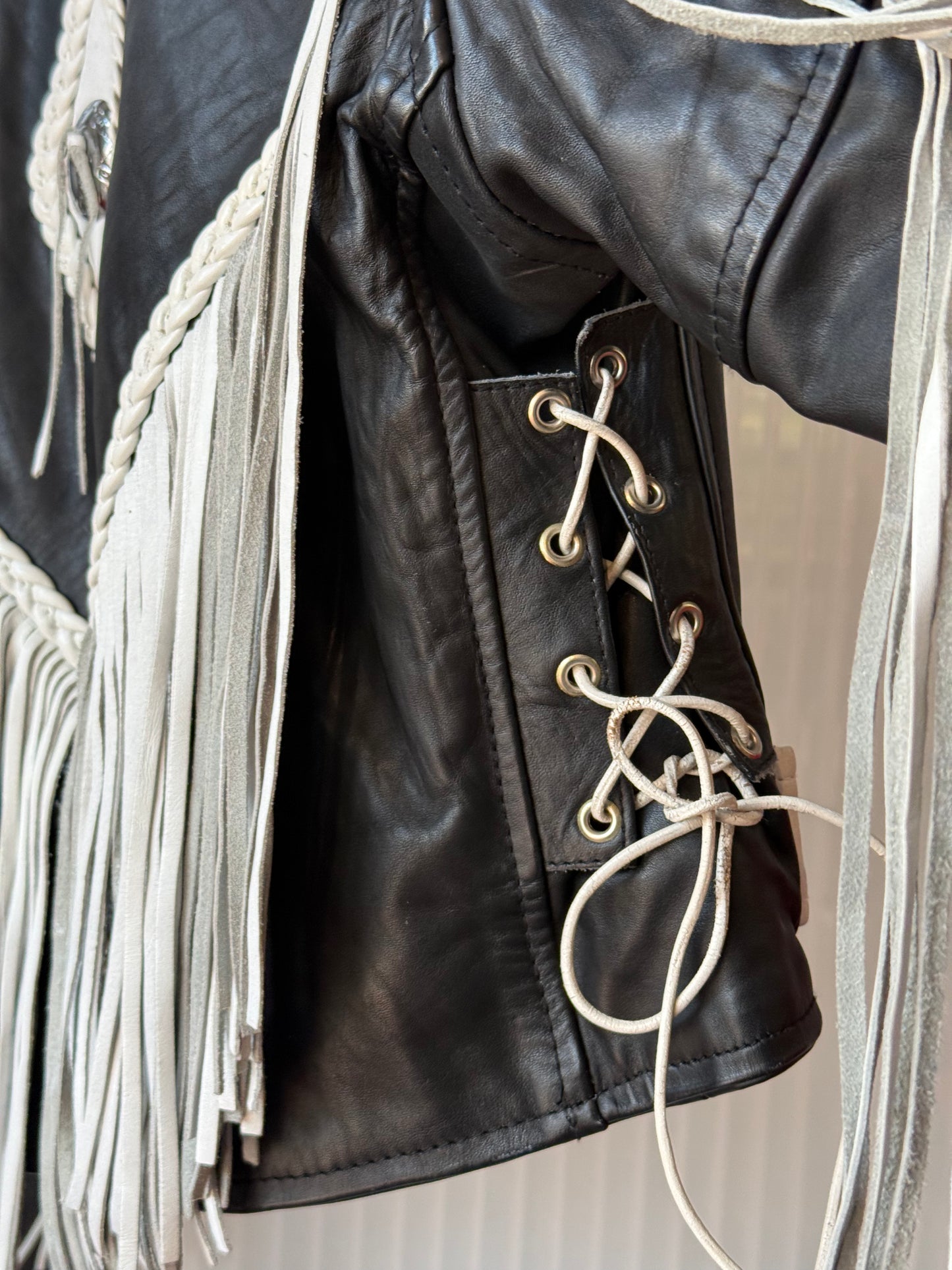 1980s Black & White Leather Biker Jacket w/ Fringe