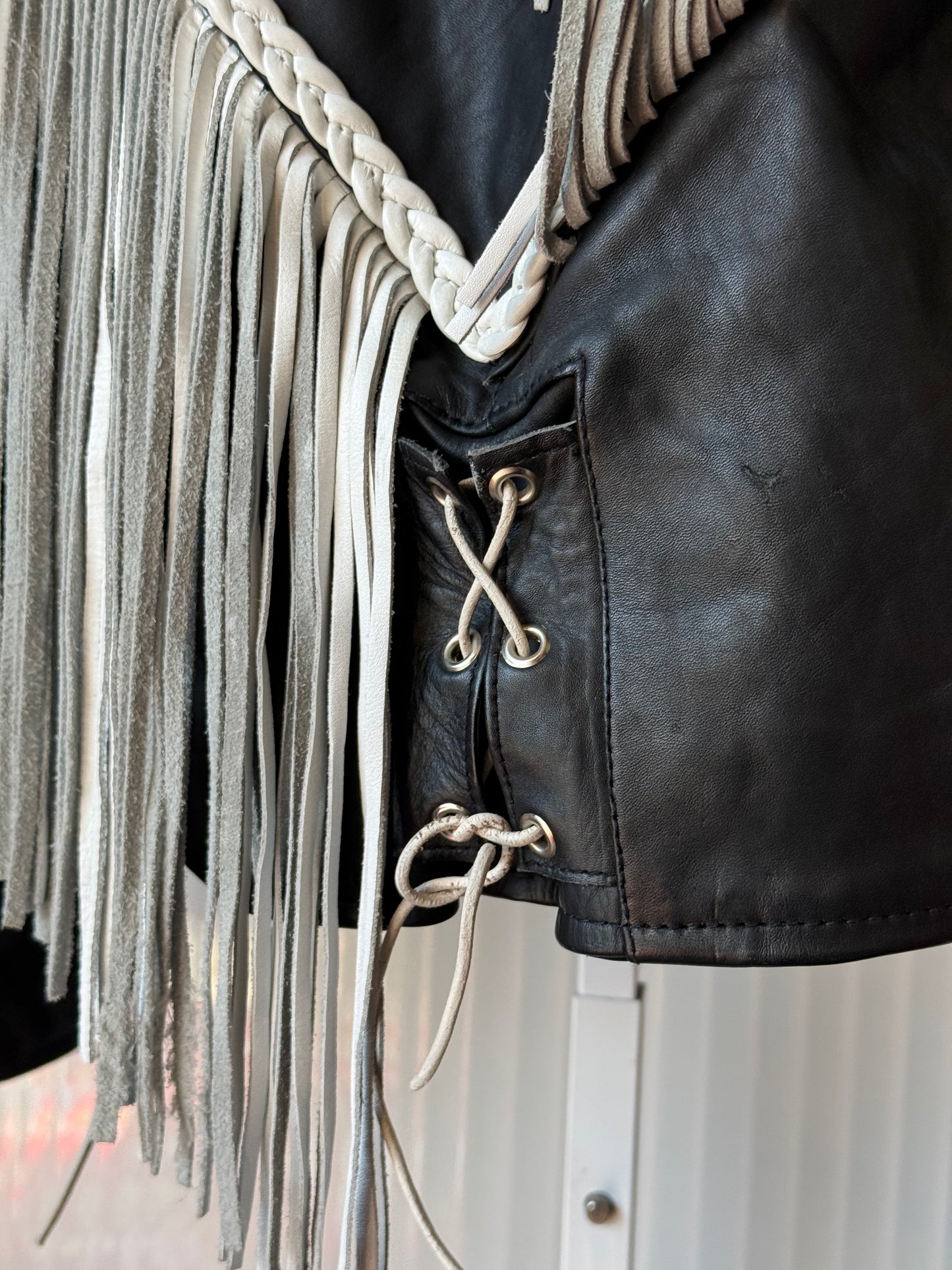 1980s Black & White Leather Biker Jacket w/ Fringe