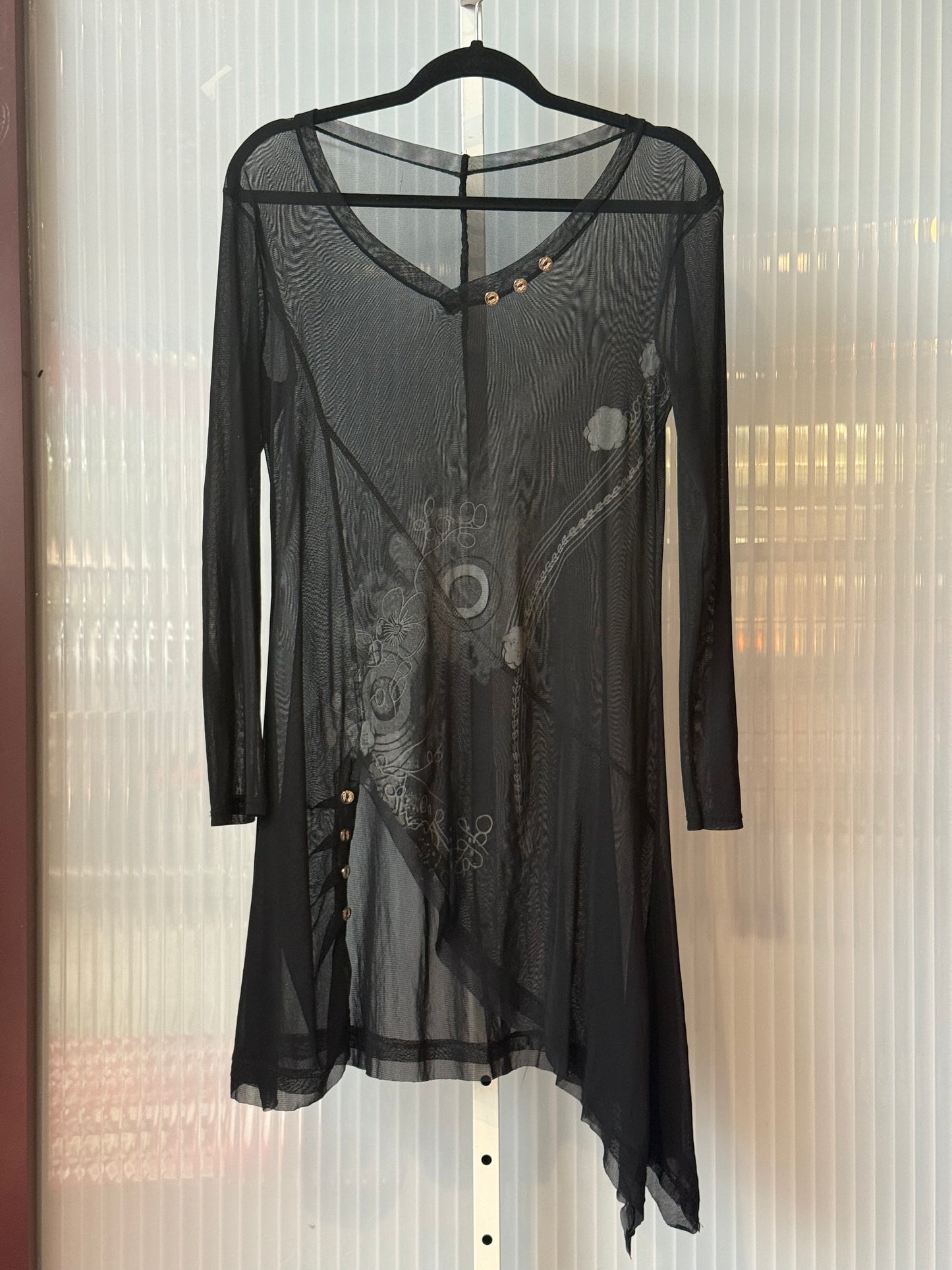 1990s Black Sheer Dress w/ Frutiger Metro  Floral Print