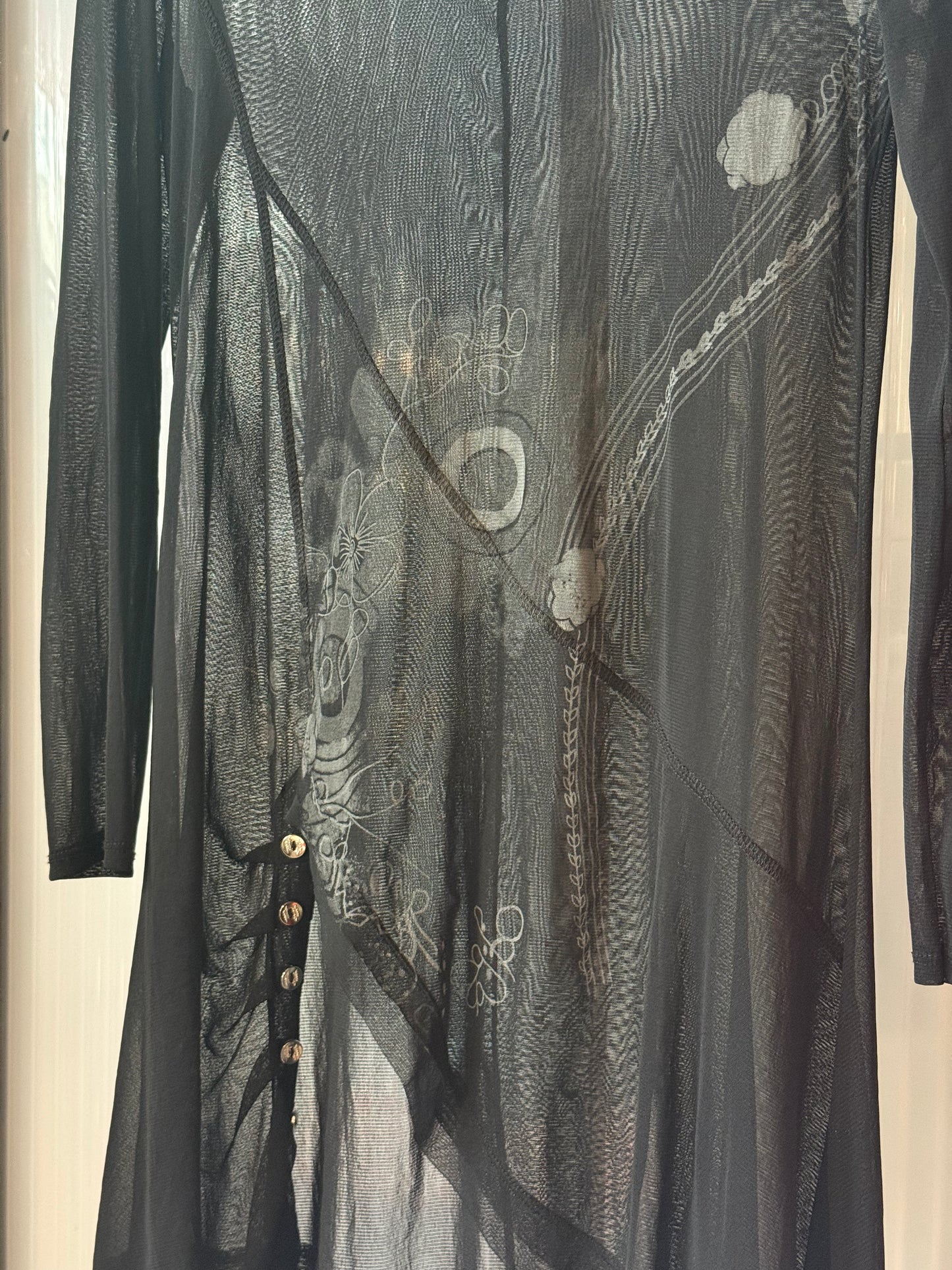 1990s Black Sheer Dress w/ Frutiger Metro  Floral Print