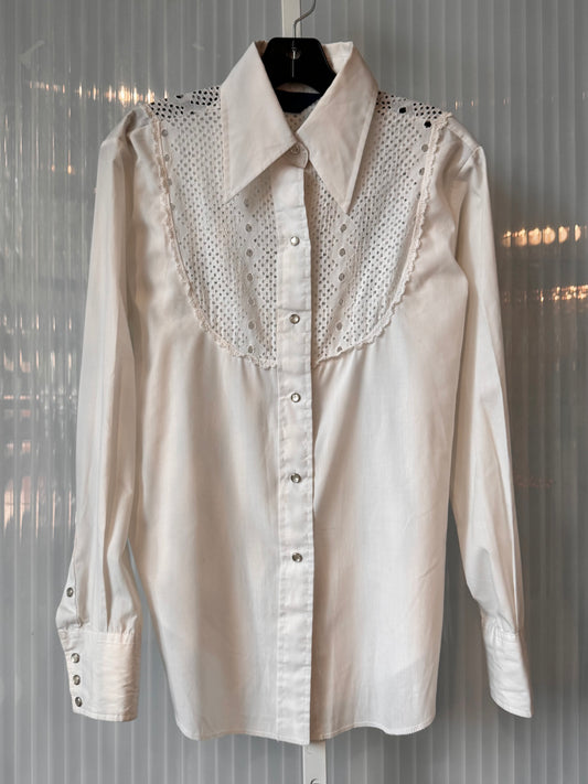 1970s White Point-Collar Eyelet-Lace Western Snap Shirt