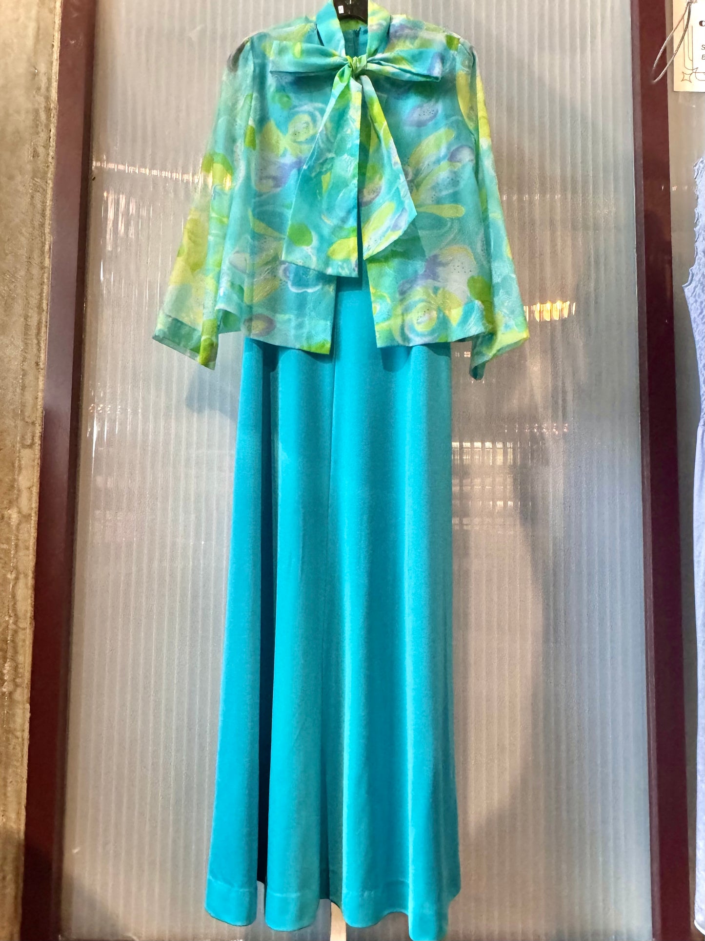 1970s Blue and Green Dress + Jacket Set