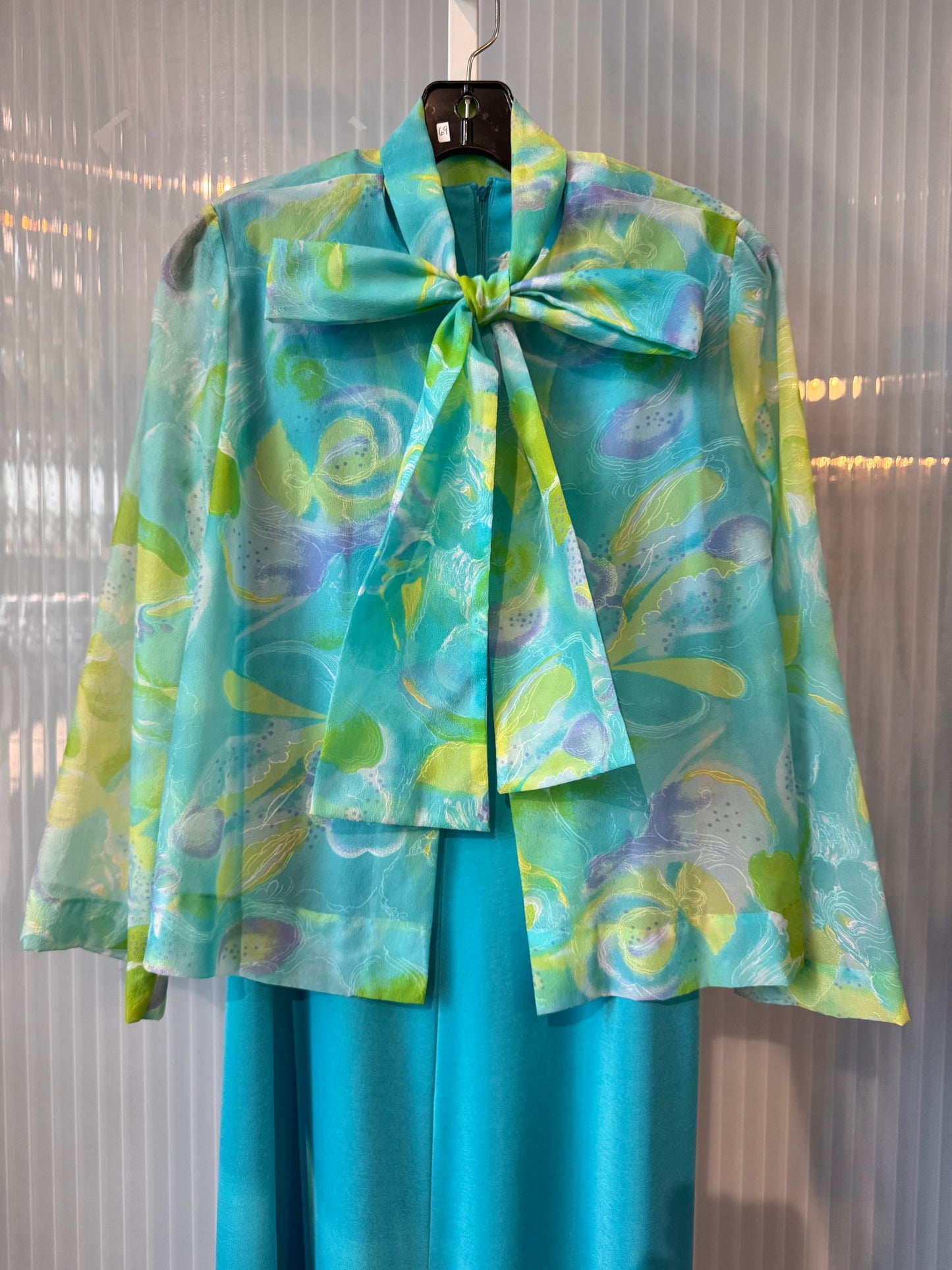 1970s Blue and Green Dress + Jacket Set