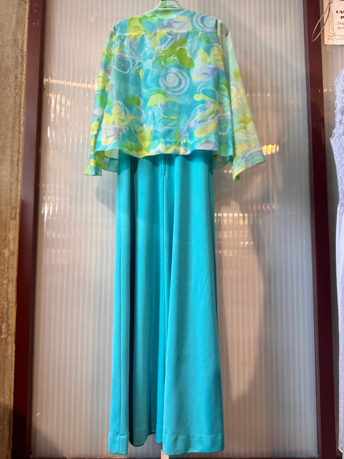 1970s Blue and Green Dress + Jacket Set